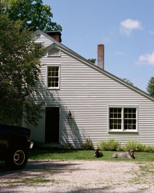 White clapboard saltbox at Fountainhead with two dogs lying on the lawn